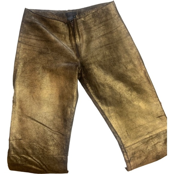 BCBGMaxazaria Gold Bronze Zip Front Genuine Leather Straight Leg Pants - Picture 4 of 14